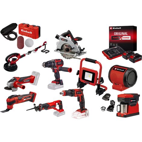 Einhell – Pack de 10 outils électroportatifs 18V – 2 batteries 4.0Ah + chargeur – Moteur Brushless – Pour travaux de construction et rénovation