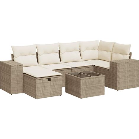 Set sofás de jardín 7 piezas y cojines ratán sintético beige (1/5)