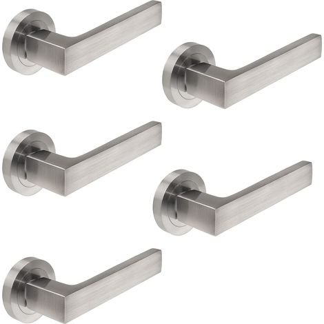 Emuca - Maniglie porta interna, set di 5 coppie di maniglie per porta da interno con rosetta D.50 mm, Alluminio, Nickel satinato. (1/5)
