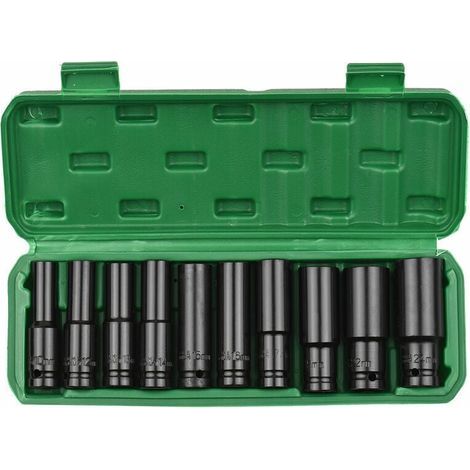 Jeu de douilles a chocs hexagonales a entrainement 1/2 pouce, 10 pieces, tailles metriques de douilles profondes, en acier au carbone de 10 a 24 mm avec boite de rangement rigide, modele : noir (1/4)