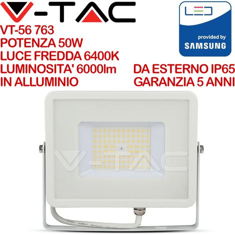 Faro Led Flood Slim Alta Luminosita 120lm/W 50W 6000lm Freddo 6400K Carcassa Bianca IP65 Chip Samsung SKU-21763