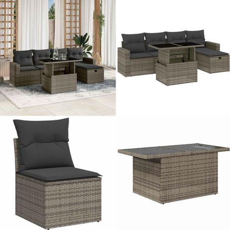 Salon de jardin 6 pcs avec coussins gris résine tressée - Ensemble Salon De Jardin - Mobilier De Jardin - Salon Extérieur - Table Basse Extensible - Chaise Longue - Home & Living (1/5)