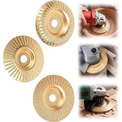 Juego de 3 discos de carburo de tungsteno para grabado en madera, acabado dorado  Para amoladoras angulares, lijado, pulido, modelado y pulido. (1/5)