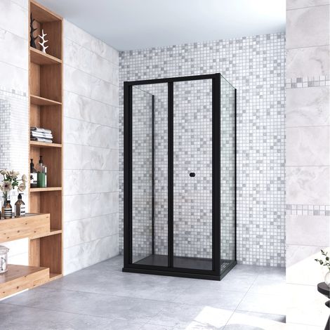 185cm Box Doccia a Tre Lati Porta a Soffietto 76cm con Doppia Parete Fissa 80x80cm in Vetro Temperato Trasparente 5 mm Profilo Nero Opaco (1/5)