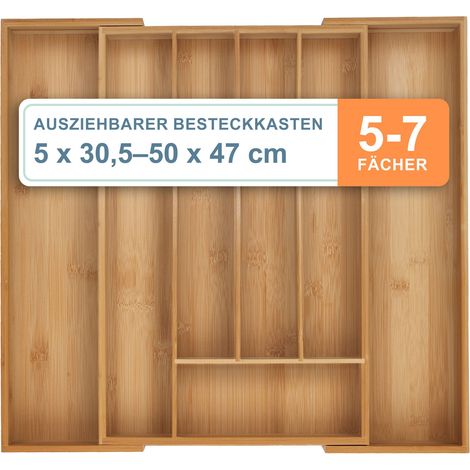 Relaxdays Besteckkasten, 5–7 Fächer, ausziehbarer Besteck Schubladeneinsatz, HxBxT: 5 x 30,5-50 x 47 cm, Bambus, natur