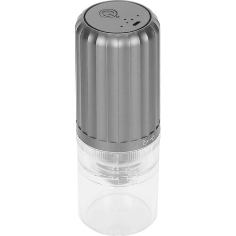 Moulin à café portable avec mouture réglable, idéal pour les voyages et le camping. Électrique, rechargeable par USB, pour moudre les grains de café. Gris. (1/5)