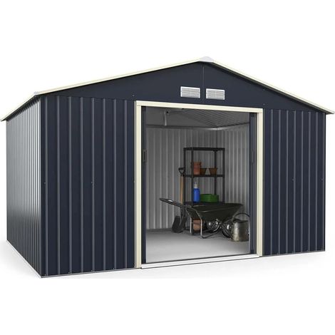Abri à outils en métal 340 x 255 x 210 cm, hangar à outils verrouillable avec 4 évents et porte coulissante, hangar de jardin pour vélos de tondeuse à gazon (1/5)
