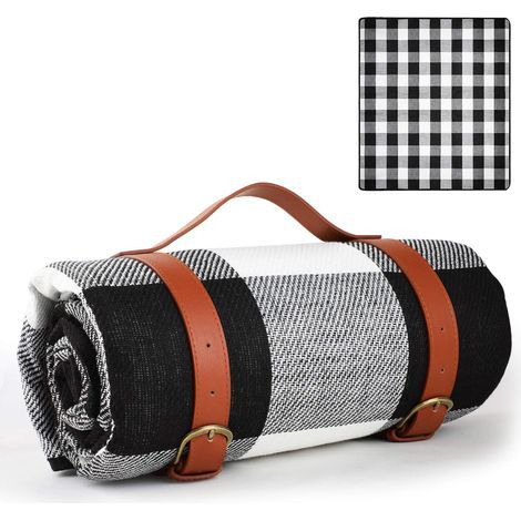 Couverture de Pique-Nique 150x200cm, Couverture extérieure résistante à l'eau, Grande Couverture de Pique-Nique Pliable Portable à 3 Couches (Noir&Blanc) (1/5)