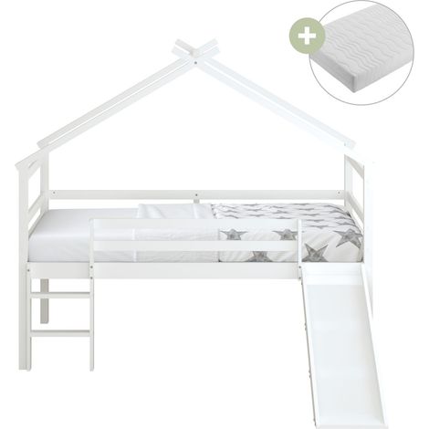 Sunny River Lit Cabane Avec Toboggan, En Bois, Blanc Lit Mi-Haut - Matelas Hybride 90X200 Inclus - Lit Montessori Dimensions Totales: 213 X 186 X 183 Cm (Toboggan Compris) (1/5)