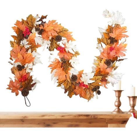 Realistischer künstlicher Ahorn-Herbstgirlande, 1,8 m lange Herbstkamingirlande für den Innen- und Außenbereich, Garten, Kamin, Wohnzimmer (1/4)