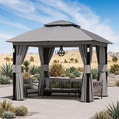 Modern Shade Pavillon 3x3m Wasserdicht Stabil Doppeldach mit 4 LED und Bluetooth Speaker Grau (1/5)