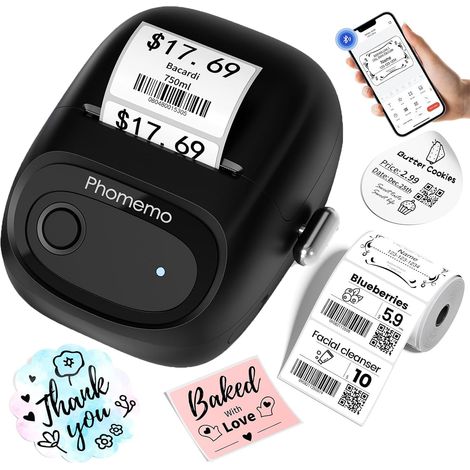 M160 Imprimante d'étiquettes Bluetooth auto-adhésive thermique portable pour codes-barres, vente au détail, bureau, compatible avec téléphones et système PC - Noir (1/5)