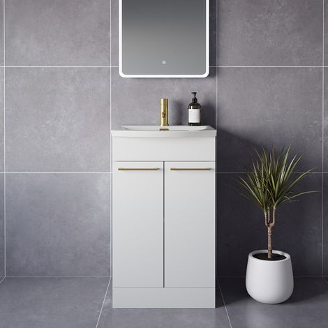Napoli 390 Gloss White 500mm 2 Door Vanity Unit with Arc Basin - 500mm - Brushed Brass 160mm Handle