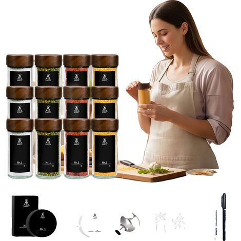 Juego de botes para especias, tapas de madera de acacia, diseño hermético, 12 piezas. (1/2)