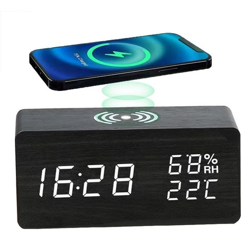 Réveil charge sans fil design bois luminosité réglable affichage LED Date Idéal pour table de chevet sur bureau (1/5)