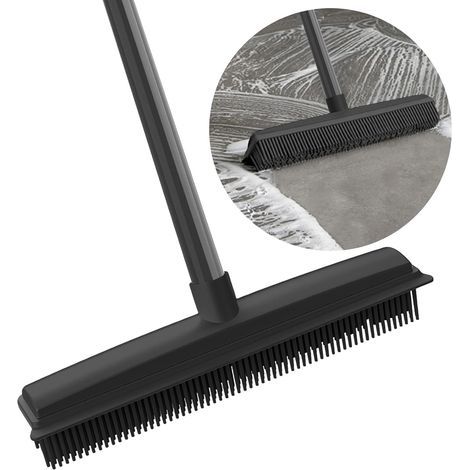 Balai en Caoutchouc 2 en 1 avec Raclette Intégrée - Poignée Réglable jusqu'à 156 cm - Brosse Anti-Poils pour Animaux - Idéal pour Tapis, Sols et Extérieur (Noir) (1/5)
