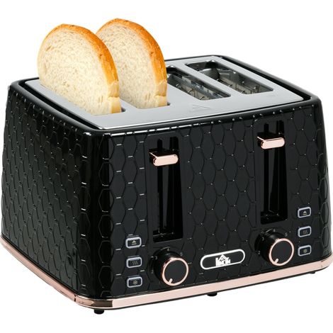 4 Slice Toaster with 7 Browning Levels, High Lift, Reheat/Defrost/Cancel, Self-centring Function, Removable Crumb Tray, Auto Off, 1600W, Black Honeycomb Texture