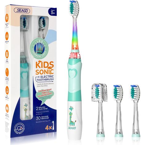 brosse à dents électrique enfant avec LED colorée, minuteur 2 Min, 4 têtes remplaçables, brosse a dent enfant pour 3-12 ans, SG977 (Vert) (1/5)