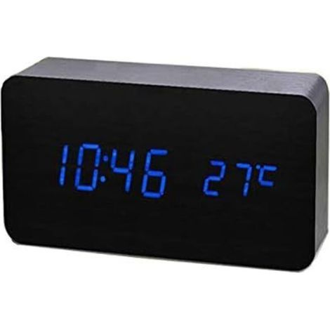 Artificial Wood LED Alarm Clock Digital Clock Sound Activated for Home Office with Temperature/Humidity/Calendar Battery/USB BlackBlue (1/5)