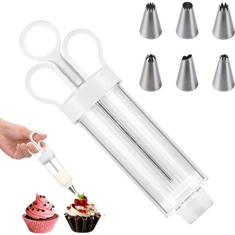 Poche à douille en plastique - Kit de 2 pièces - Outils de décoration de gâteaux - Poche à douille - 22,5 cm x 6,6 cm - Comprend 6 douilles en acier inoxydable - Convient pour la cuisine et la pâtisse (1/5)