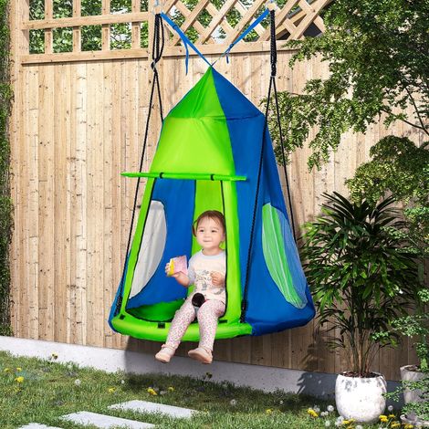 Outsunny Balançoire nid d'oiseau Ronde avec Tente Amovible Ø 100 cm 4 Anneaux Inclus métal époxy Oxford Haute densité - Vert et Bleu (1/5)