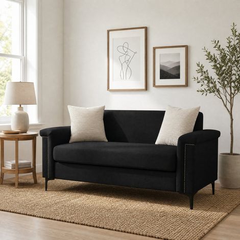 Canapé 2 places nordique en tissu lin noir, cadre bois et pieds métal 172 cm (1/5)