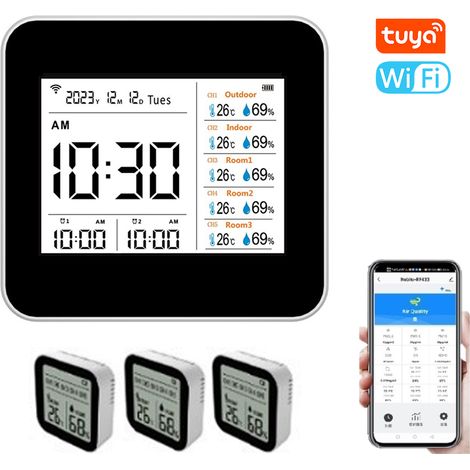 Thermomètre et hygromètre intelligent Tuya WIFI 13 en 1, moniteur précis de température et d'humidité d'intérieur avec affichage de l'heure/calendrier/alarme, prise en charge du contrôle à distance pa (1/5)