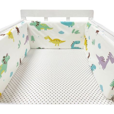 Tour de lit bébé, barrière de lit en coton pour nouveau-né, rabat tressé, berceau bébé - Dinosaure jaune - (1/4)