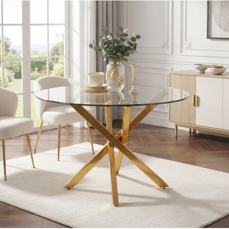 Tavolo da pranzo rotondo 80 x 80 x 75 cm in vetro temperato con gambe incrociate dorate HAVRYA (1/5)