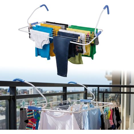 Relaxdays Wäscheständer Heizung, 10 m Trockenlänge, zum Einhängen, Balkon & Heizkörper, Stahl, Wäschehalter, weiß/blau (1/5)