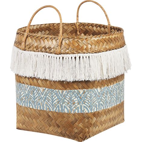 Cesta de madera de bambú natural blanco azul 42 cm asas rústico boho Mesuji