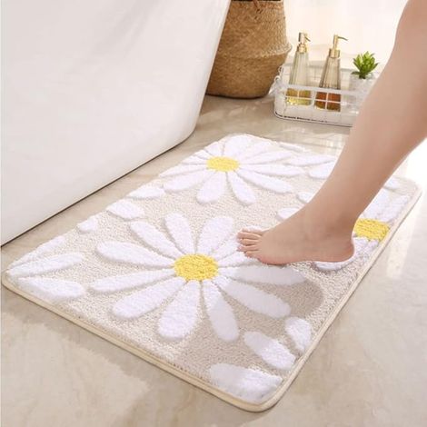 Tapis de bain Daisy doux, moelleux et absorbant, antidérapant, motif marguerite, kaki, 50 x 80 cm (19,7 x 31,5 pouces), idéal pour la décoration de votre salle de bain. (1/5)