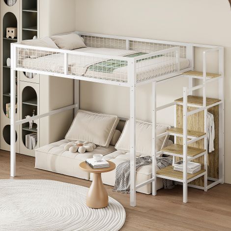Letto a castello 140200 con scaletta, letto per bambini con struttura in ferro e ripiano contenitore, armadio bianco (codice precedente LDB00198AAK)