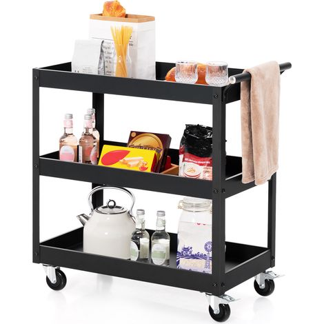 Chariot Utilitaire en Métal à 3 Niveaux, avec Poignée Ergonomique, Roulettes Universelles, Chariot de Service pour Garage, Entrepôt, Noir (1/5)