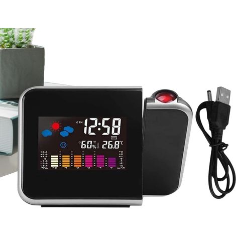 Horloge avec projection pour plafond de chambre à coucher, réveil avec projecteur Compteur de température sans fil pour intérieur et extérieur - Réveil avec projection Horloge de plafond Projecteur (1/5)