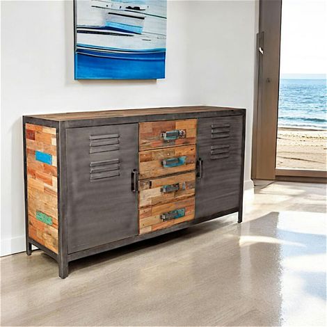 Buffet bois recyclé 4 tiroirs bois recyclé 2 portes métalliques 160x45x90cm CARAVELLE (1/4)