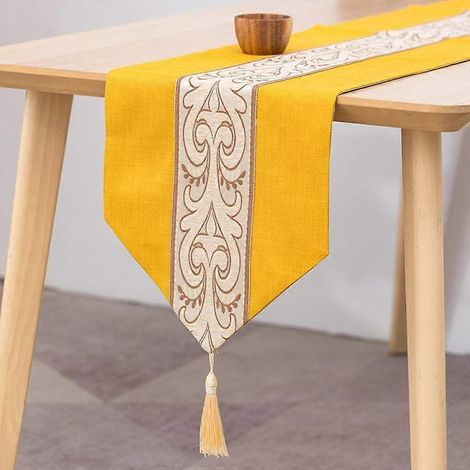 Gelber Tischläufer (1 Stück), dekorative Tischdecke aus Leinen und Spitze für den Couchtisch.