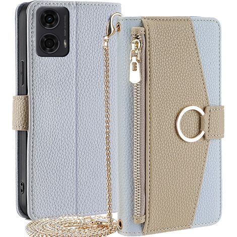 Funda tipo libro para Motorola Moto G24 / G24 Power / G04, con bolsillo tipo cartera con cremallera y espejo, color azul. (1/5)