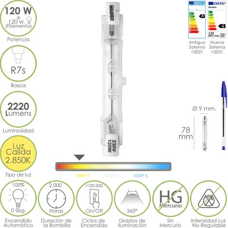Bombilla Halogena Para Focos Rosca R7S. 120 Watt. 2220 Lumenes. Luz Cálida (2850º K)