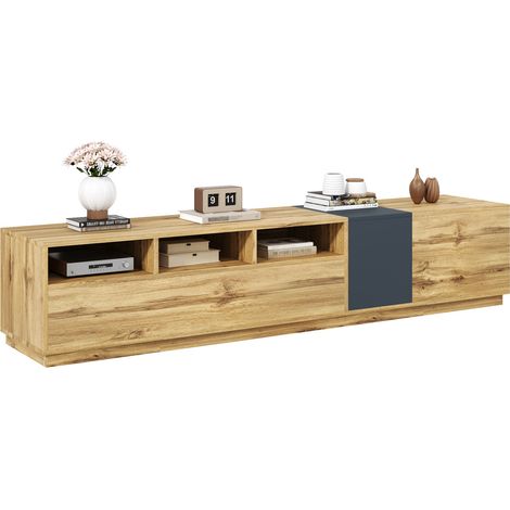 Meuble TV 200 cm noir gris et bois avec 3 niches ouvertes, 3 portes, passe-câbles et fermeture douce, structure en panneau de particules - CHICFURN (1/5)