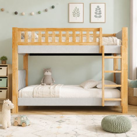 Letto a castello per bambini 90x200 cm, scala dritta 4 gradini, grigio e naturale (1/5)