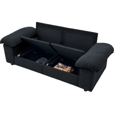 Sofá Recto 2 Plazas con Espacio de Almacenaje, Asiento Amplio, Reposabrazos Acolchados, Madera Maciza, Negro (1/5)