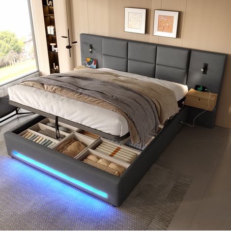 letto contenitore 180x200 velluto grigio scuro USB HAVRYA (1/5)