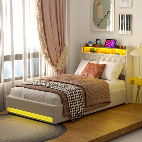 Beiges Polsterbettgestell 140x200 cm aus fleckenabweisendem  atmungsaktiv, ergonomische Schaumfüllung, stabiler Eisen-MDF-Rahmen für Schlafzimmer und Hotels (1/5)