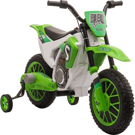 Moto Cross électrique Enfant 3-5 Ans 12V 3-8 km/h roues stabilisatrices amovibles dimensions 106,5L x 51,5l x 68H cm Vert (1/5)