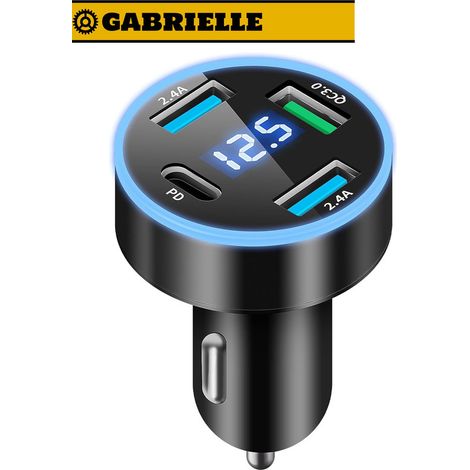 Cargador rápido para coche GABRIELLE con 4 puertos USB C, 50 W, QC3.0, PD y 2,4 A, con voltímetro LED para iPhone, Android y Samsung.