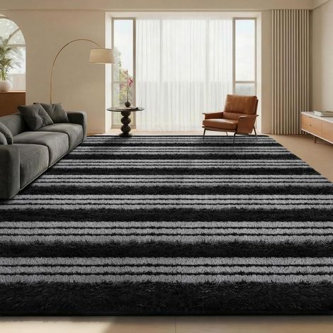1 Tapis De Salon, Poils Longs, Antidérapant, Gris, 200x300 Cm, Moelleux, Pour Chambre