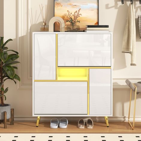Meuble à chaussures moderne avec éclairage LED RGB - 80x25x96 cm - façade laquée blanc brillant (1/5)