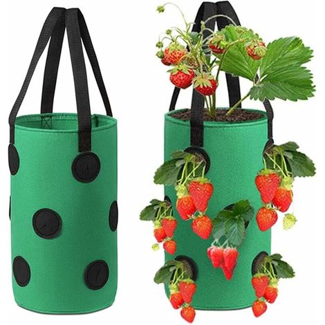 2 Pièces Sac De Plantation Fraises,Sacs de Culture à Fraises Suspendu,Fraises Sac de Culture Respirant,avec Ouvertures Latérales et Poignées,Réutilisable pour Fraises,Légumes,Fleurs (Vert) (1/5)