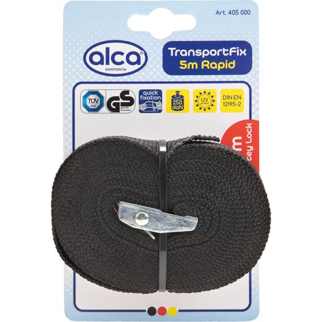 alca® Spanngurt 1 x 5 m, 250 daN, schwarz, verstellbar mit Klemmschloss, Spanngurt Zurrgurt, Gepäckhaltegurt, zertifiziert nach DIN EN 12195-2